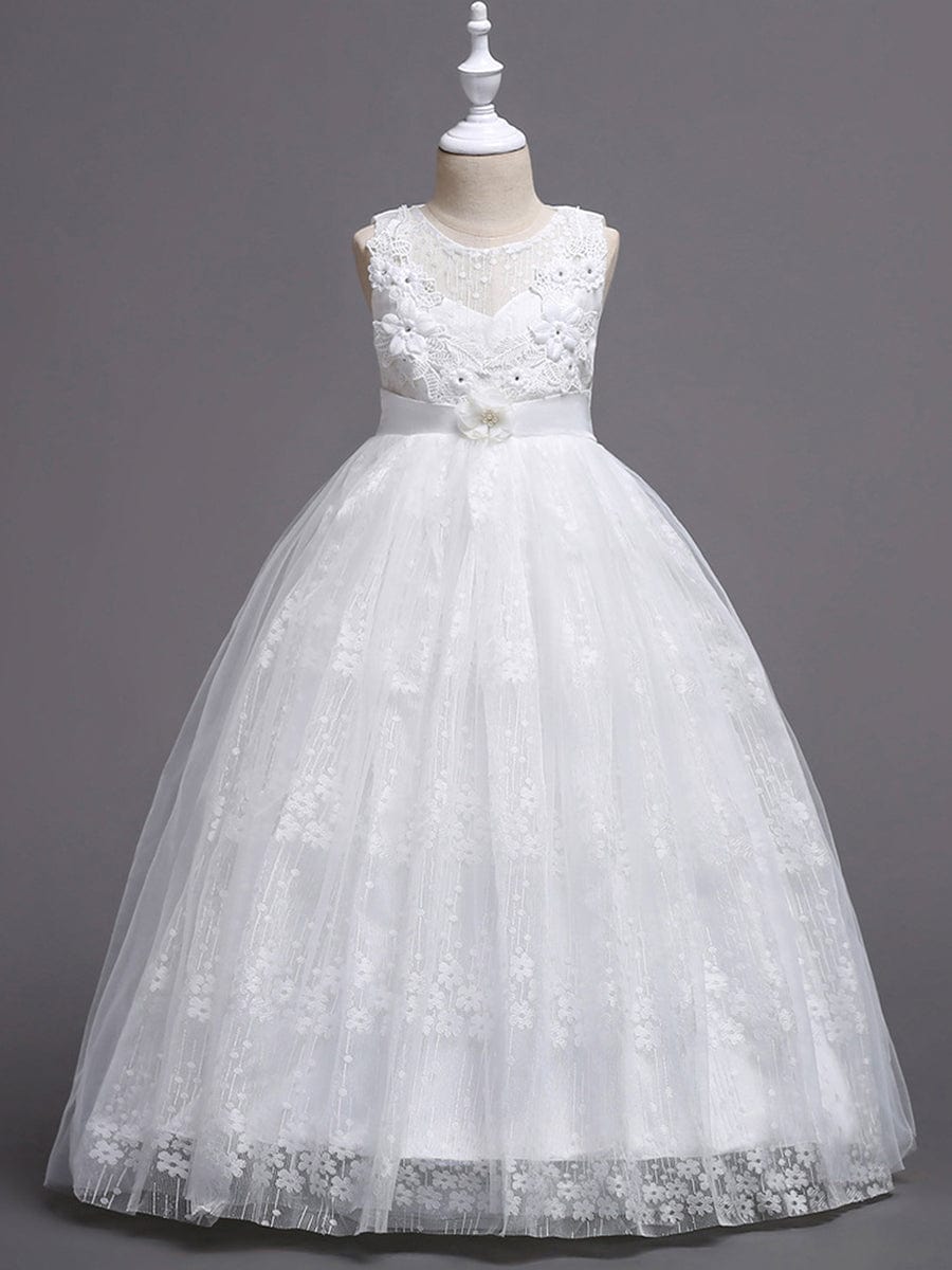 Floral Tulle Applique Princess Flower Girl Dress With Satin Back