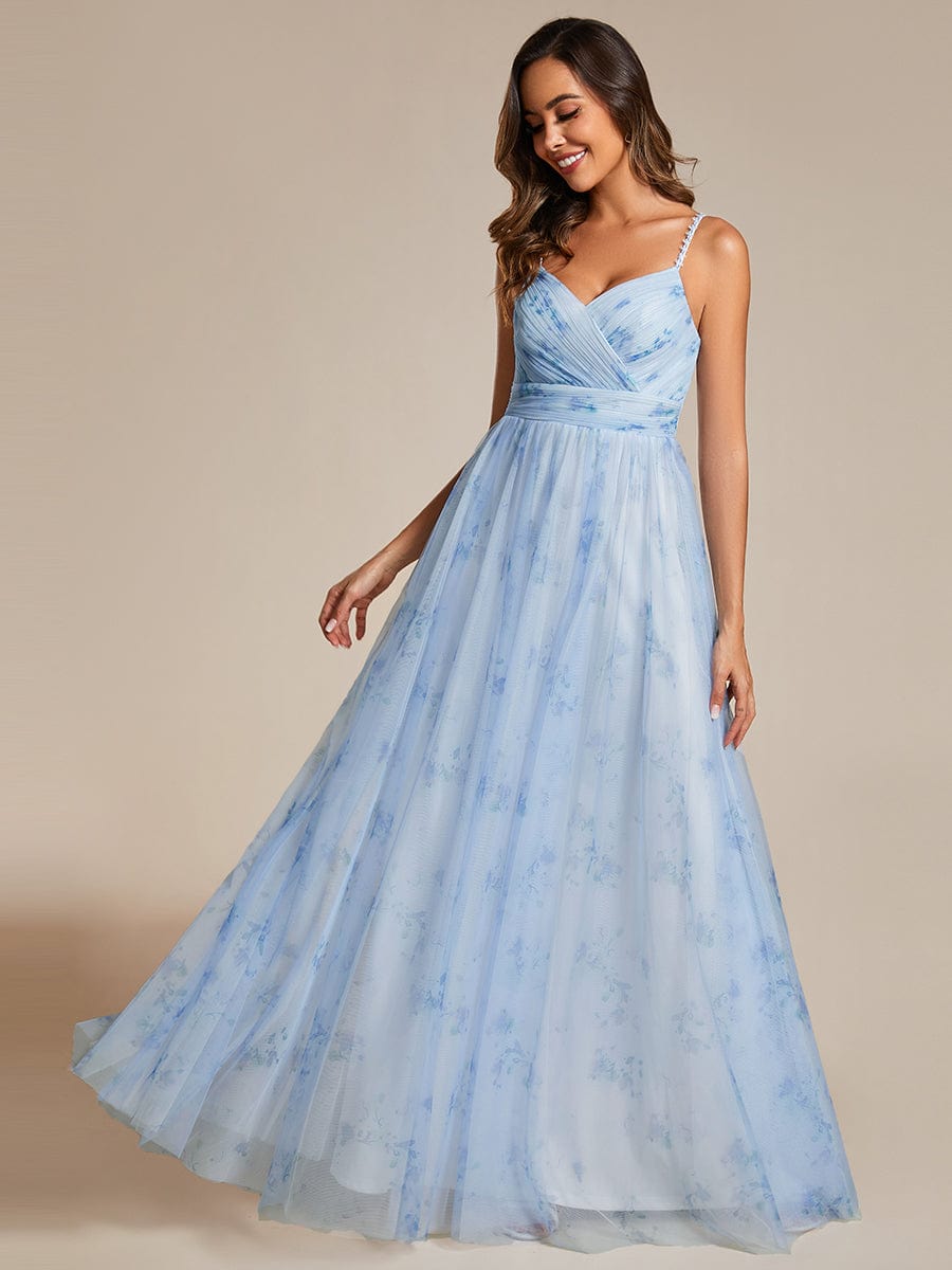 Floral Tulle Spaghetti Strap Dress with V-Neck for Evening Events