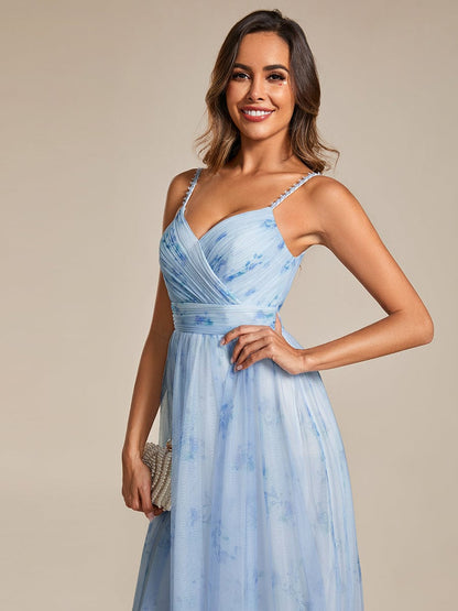 Floral Tulle Spaghetti Strap Dress with V-Neck for Evening Events