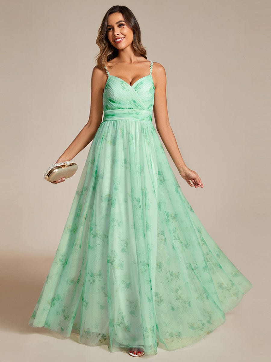 Floral Tulle Spaghetti Strap Dress with V-Neck for Evening Events