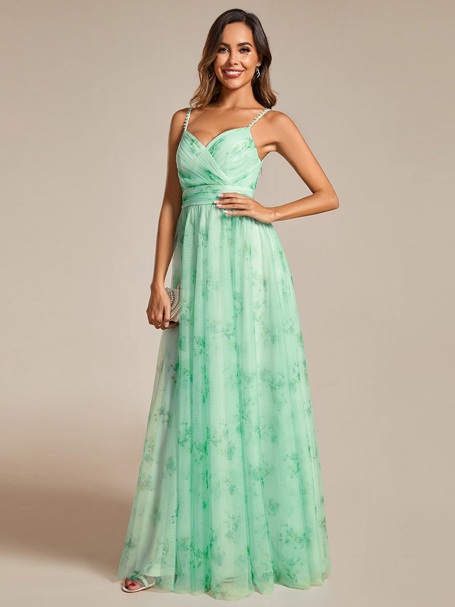 Floral Tulle Spaghetti Strap Dress with V-Neck for Evening Events