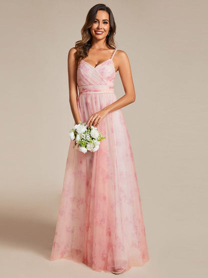 Floral Tulle Spaghetti Strap Dress with V-Neck for Evening Events