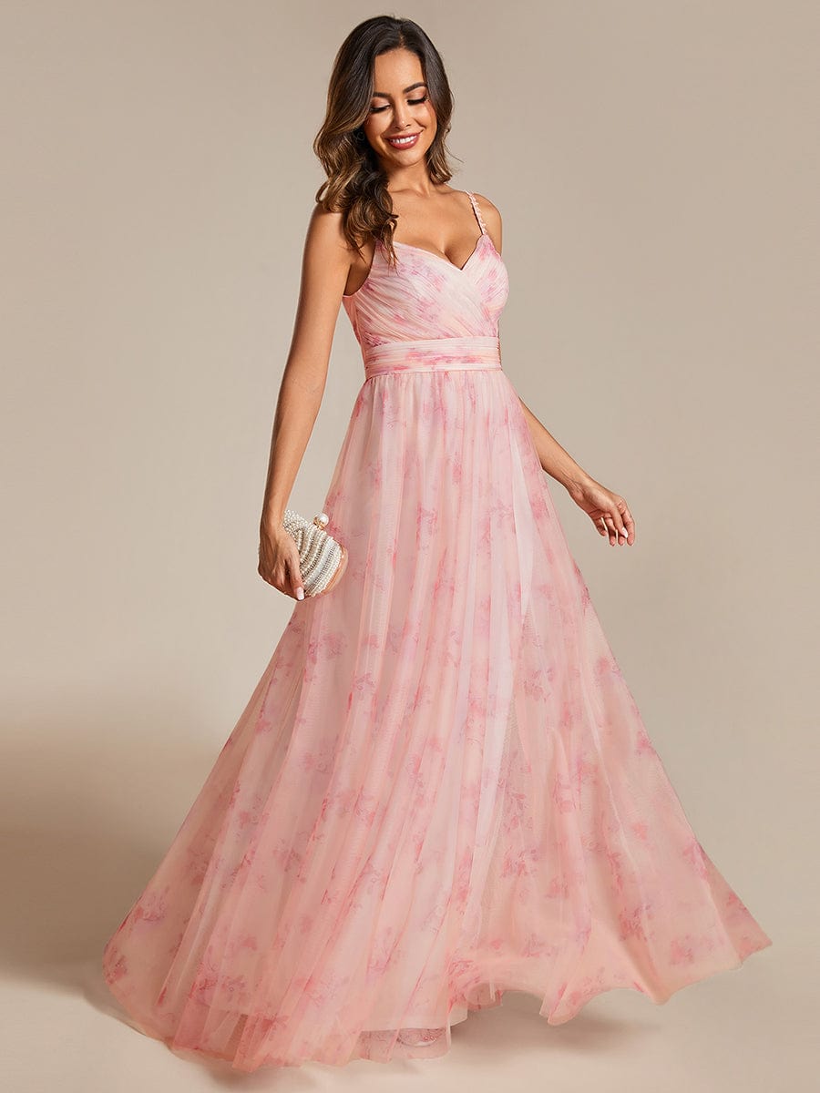 Floral Tulle Spaghetti Strap Dress with V-Neck for Evening Events