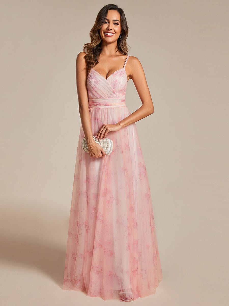 Floral Tulle Spaghetti Strap Dress with V-Neck for Evening Events