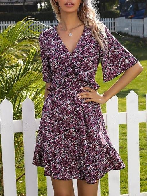 Floral V Neck Ruffled Cutout Backless Dress