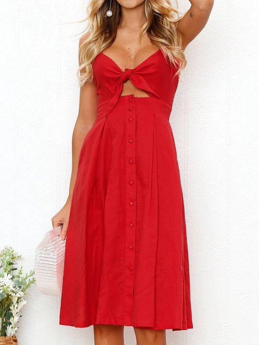 Floral V Neck Tie Spaghetti Strap Beach Midi Dress DRE2308010362REDS Red / 2(S)
