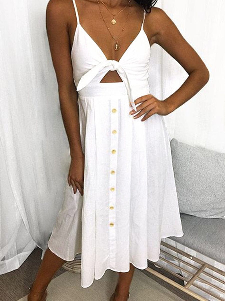 Floral V Neck Tie Spaghetti Strap Beach Midi Dress DRE2308010362WHIS White / 2(S)