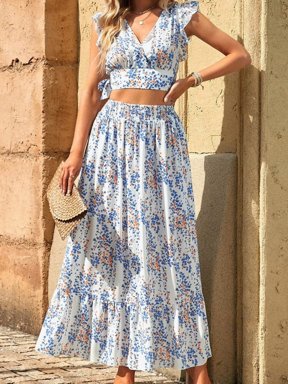 Floral White Bohemian Chic Two Piece Maxi Dress Set