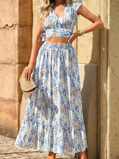 Floral White Bohemian Chic Two Piece Maxi Dress Set