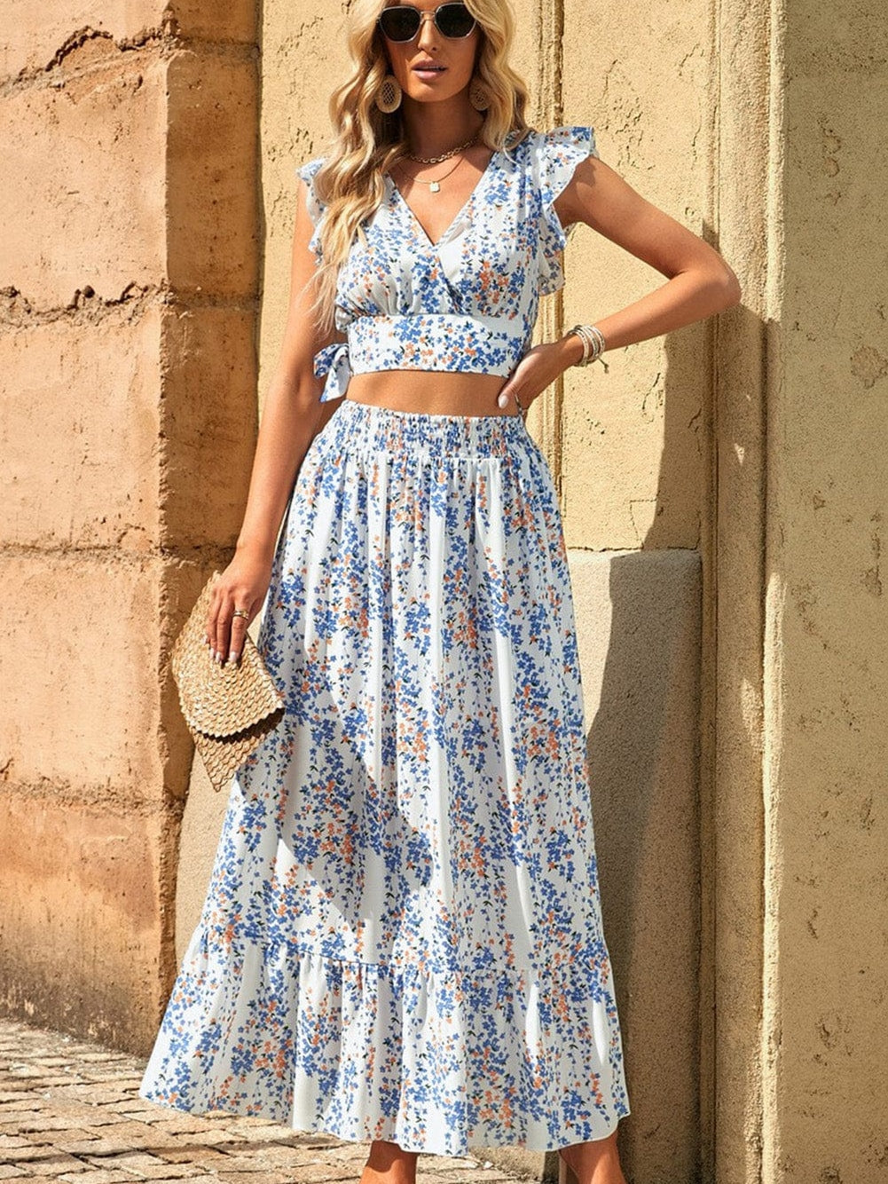 Floral White Bohemian Chic Two Piece Maxi Dress Set