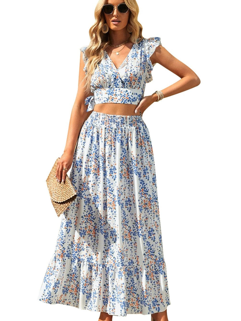 Floral White Bohemian Chic Two Piece Maxi Dress Set