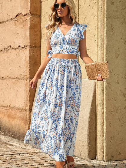 Floral White Bohemian Chic Two Piece Maxi Dress Set