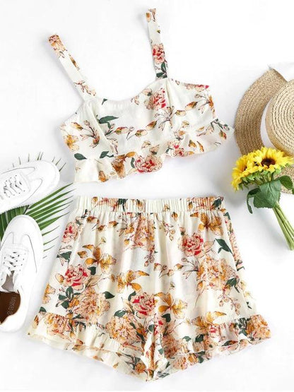 Flounce Floral Print Two Piece Set temp2021206111 White / S