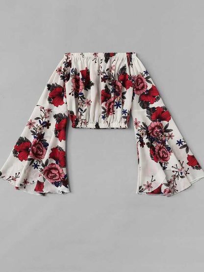 Flounce Sleeve Floral Bardot Crop Top