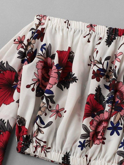 Flounce Sleeve Floral Bardot Crop Top