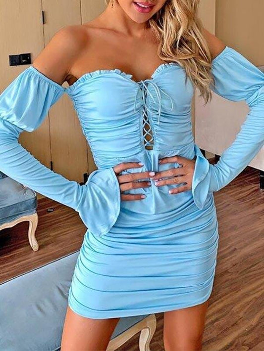 Flounce Sleeve Lace Up Front Ruched Bardot Dress DRE210422840BLUS S / Blue