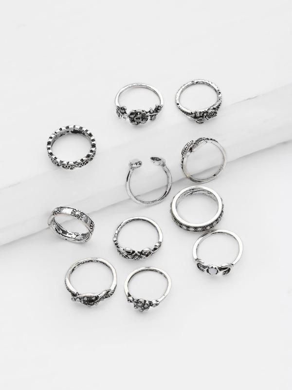 Flower And Leaf Design Ring Set 11pcs RIN210310118SIL Silver