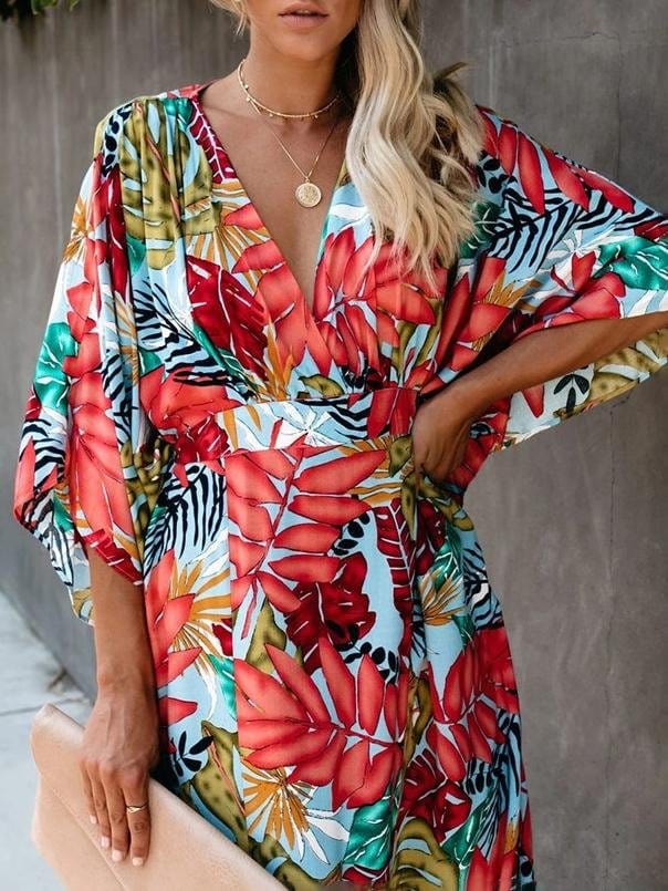 Flower Beach Blouse Sun Protection Robe-style Dress DRE2107192091RED Red / One Size