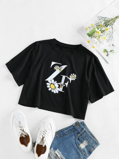 Flower Bee Letter Print Crop T-shirt TSH210311155S S