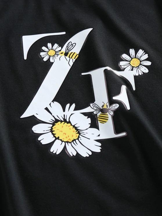 Flower Bee Letter Print Crop T-shirt