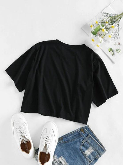 Flower Bee Letter Print Crop T-shirt