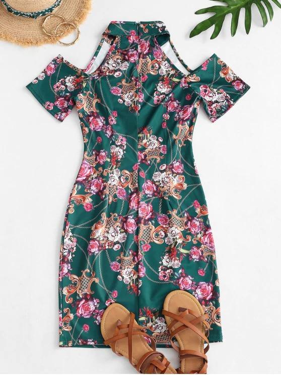 Flower Chain Print Cold Shoulder Slit Mandarin Dress