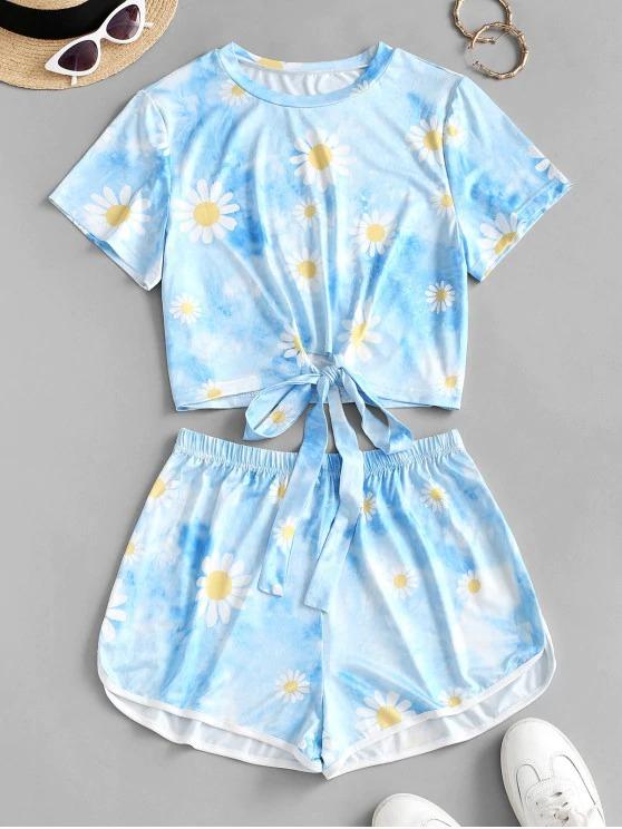 Flower Cloud Tie Dye Knot Two Piece Set Temp20210407300007 Blue / S