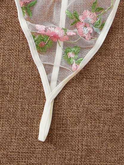 Flower Embroidery Mesh Bra & Thong & Garter
