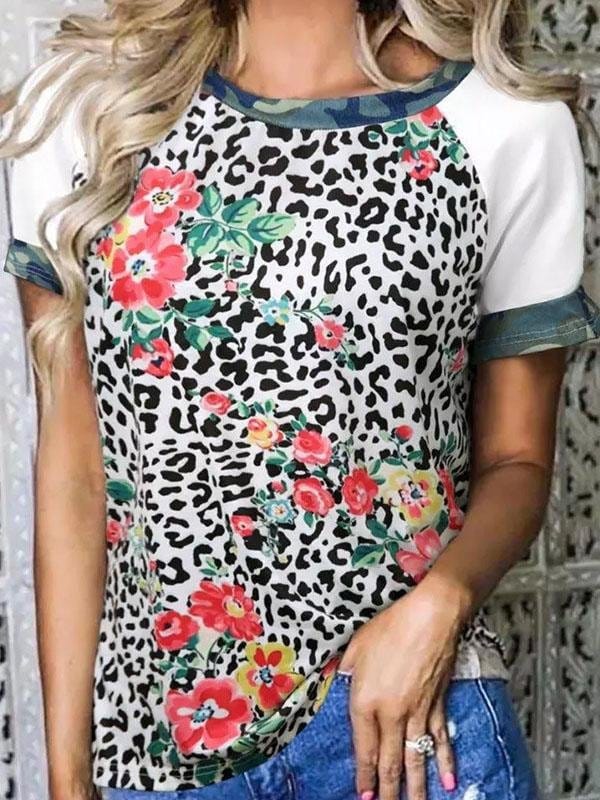 Flower Leopard Print Short Sleeve Crew Neck T-Shirt TSH2107121454WHIS White / S