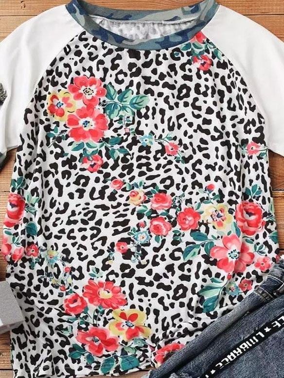 Flower Leopard Print Short Sleeve Crew Neck T-Shirt