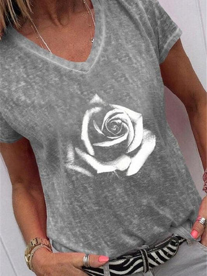 Flower Print Casual V-Neck Short Sleeve T-Shirt TSH2106281212ROES Roses / S