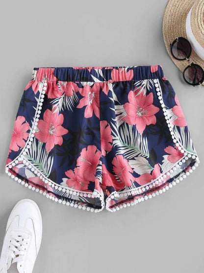 Flower Print Crochet Trim Tulip Shorts for Women