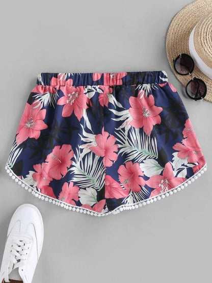 Flower Print Crochet Trim Tulip Shorts for Women