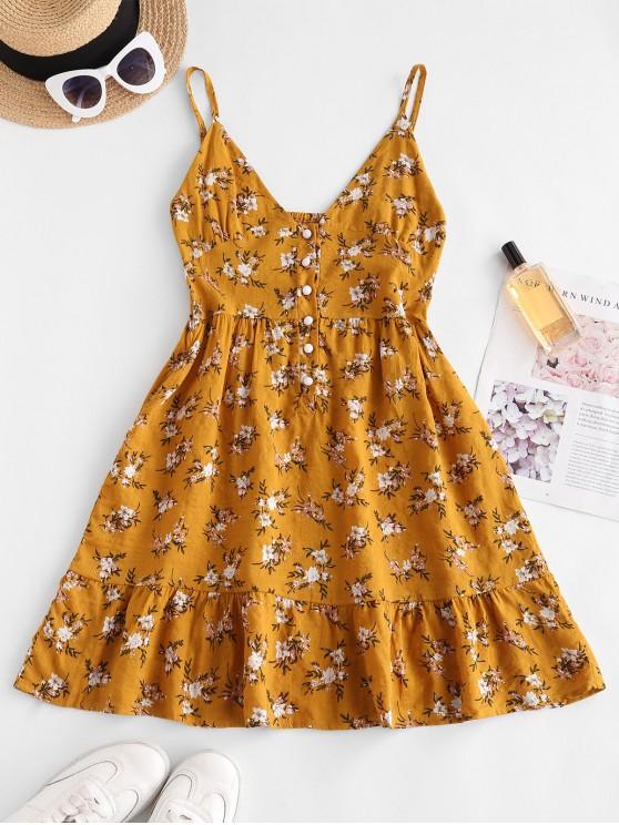 Flower Print Half Button Flounce Hem Dress DRE210308592GOLS Gold / S