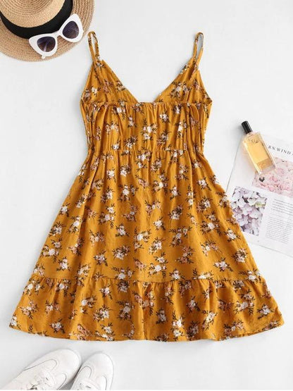 Flower Print Half Button Flounce Hem Dress