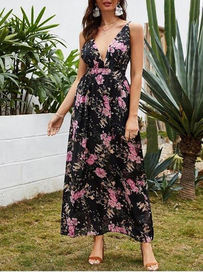 Flower Print Low Cut Backless Bohemian Dress for Women