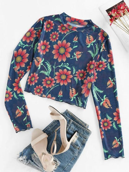 Flower Print Mesh Long Sleeve T-shirt TSH210311156S S