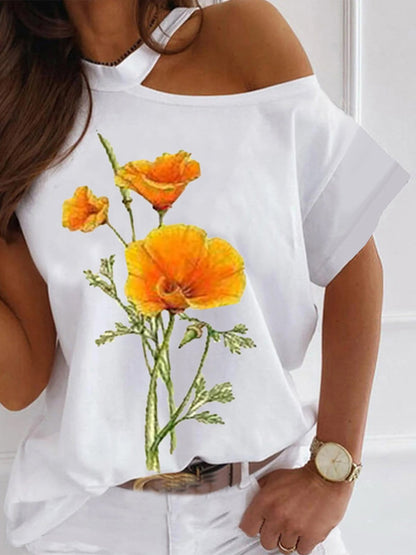 Flower Print Off-shoulder Halterneck T-shirt TSH2107071390YELS Yellow / S