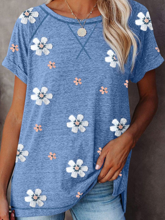 Flower Print Round Neck Short Sleeve T-Shirt TSH2107171502BLUS Blue / S