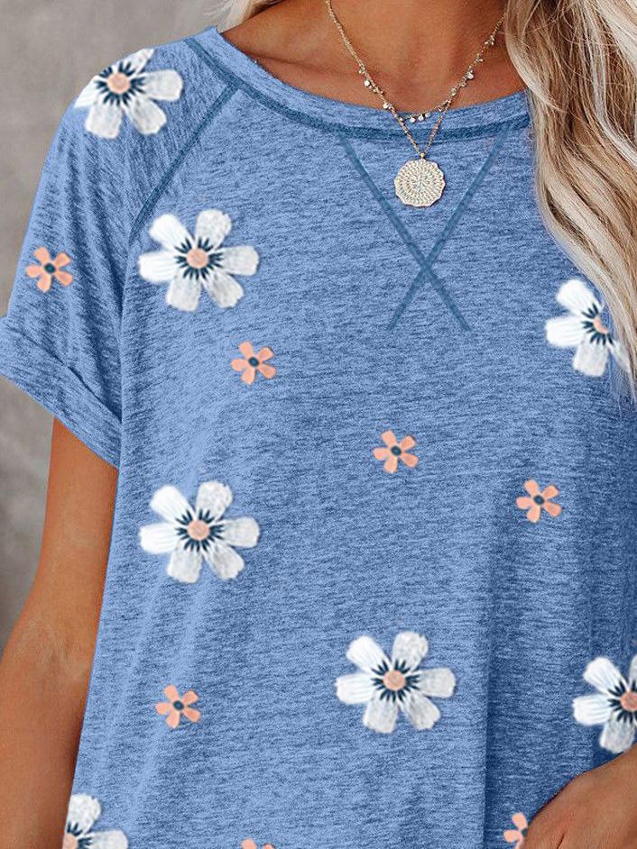 Flower Print Round Neck Short Sleeve T-Shirt