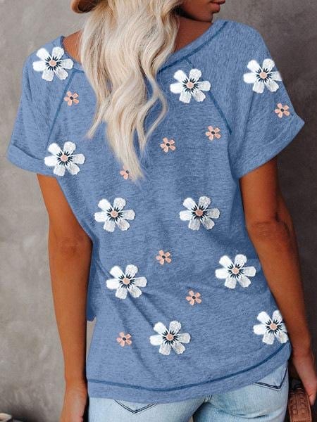 Flower Print Round Neck Short Sleeve T-Shirt