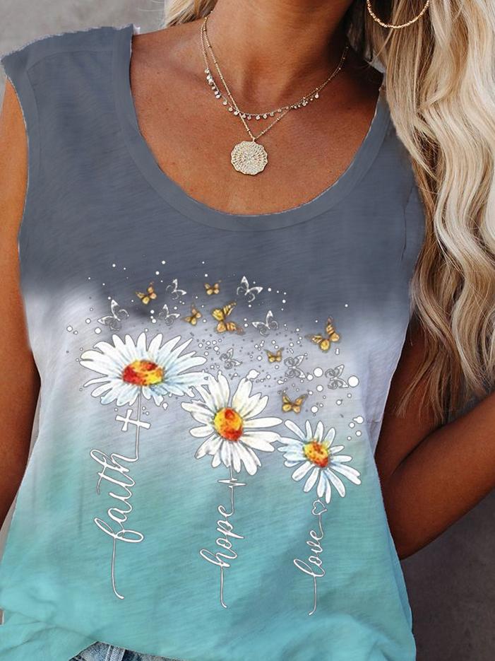 Flower Print Sleeveless Crew Neck Tank Tops