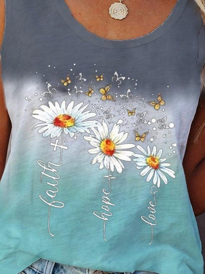 Flower Print Sleeveless Crew Neck Tank Tops