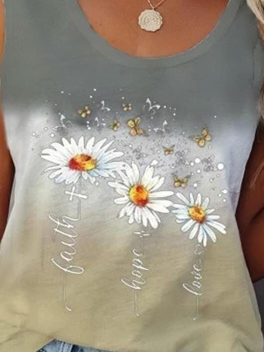 Flower Print Sleeveless Crew Neck Tank Tops