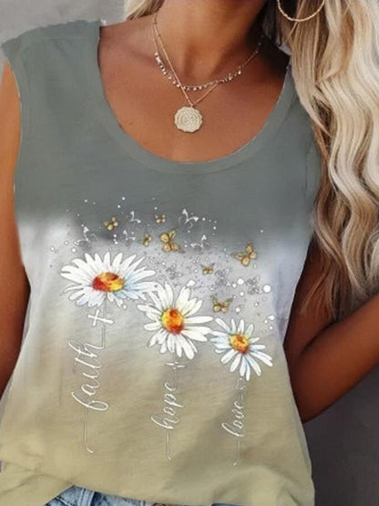 Flower Print Sleeveless Crew Neck Tank Tops