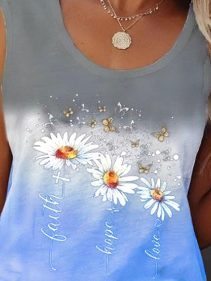 Flower Print Sleeveless Crew Neck Tank Tops