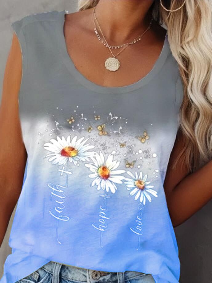 Flower Print Sleeveless Crew Neck Tank Tops