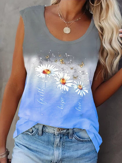 Flower Print Sleeveless Crew Neck Tank Tops TAN2106251140BLUS Blue / S