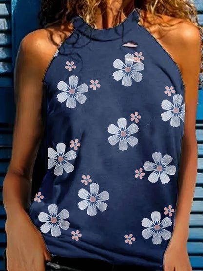 Tank Tops - Flower Print Sleeveless Round Neck Tank Top - MsDressly