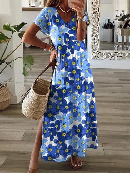 Flower Print V-Neck Short Sleeve Split Dress DRE2107212172BLUS Blue / S